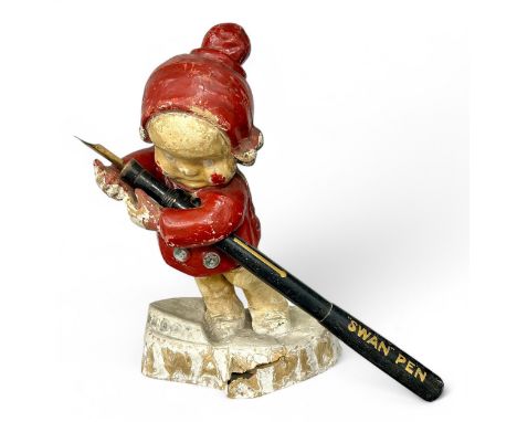 A rare 1920s-30s Swan Pen painted papier maché fountain pen shop display advertising figure, modelled as a red-cheeked young 