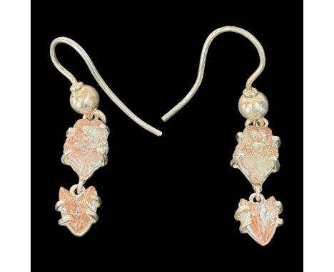 A pair of Czech Saphiret and white metal double pendant earrings, c1900-1910, the top pendant moulded as a stylised flower, t