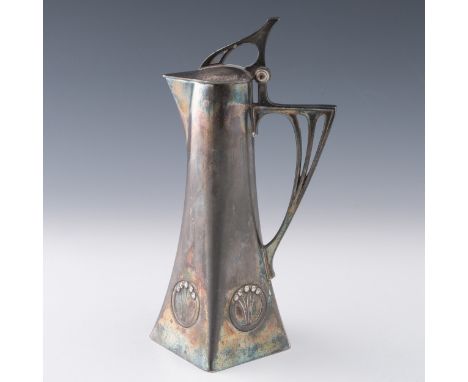A German WMF Secessionist silver plated jug c.1910, square based with Secessionist stylised roundels and angular handle, with