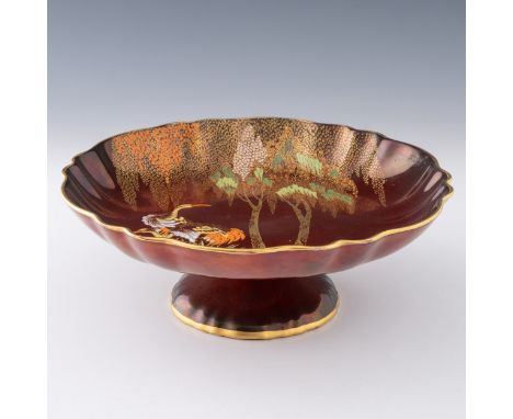 A 1940s-50s Carlton Ware Rouge Royale tazza, pattern no. 2035, with gilding and enamel depicting a wisteria tree and cranes, 