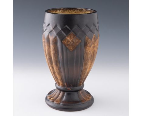 A 1920s-30s French Art Deco Mougin pottery vase, with gadrooned body and with band of diamond shapes across the top, marked '