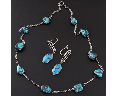 A white metal and turquoise necklace together with a pair of faux turquoise earrings attributed to Bernard Instone, necklace 