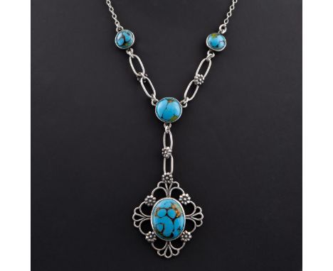 An Arts and Crafts silver and faux turquoise pendant necklace, in the manner of Bernard Instone, each of the faux turquoise j