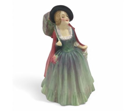 A Royal Doulton miniature 'Mirabel' figurine, M74, with pinky-red cloak and green and purple dress and parasol, designed by L