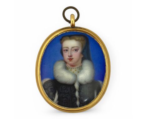 After Bernard Lens III (English, 1682-1740), an 18thC oval posthumous enamel miniature portrait of a lady (perhaps Mary Queen