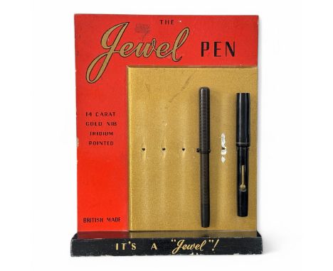 A rare 1920s-30s British Jewel Pen Co Ltd 'The Jewel Pen' wooden countertop shop display stand, finished in red, black and go