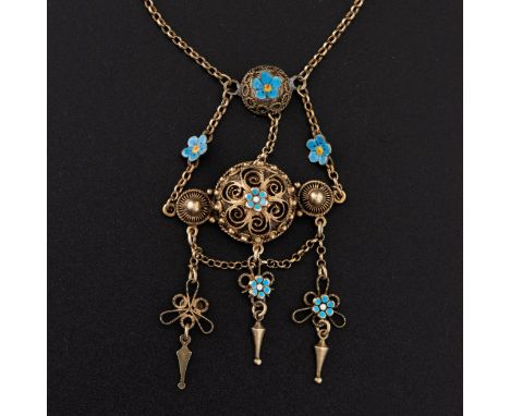 A Norwegian white metal gilt and enamel pendant necklace by Marius Hammer, with enamelled forget-me-nots on filigree wirework