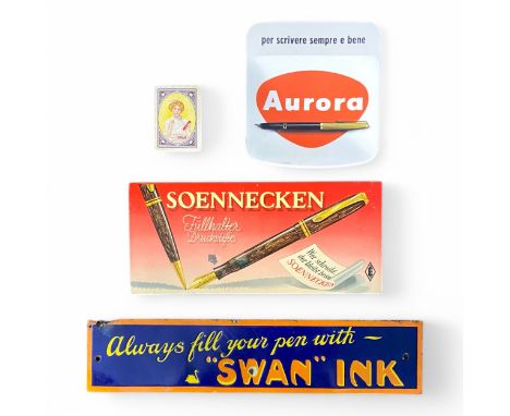 A mixed lot of fountain pen related advertising memorabilia, including an enamelled metal sign, finished in blue, orange and 