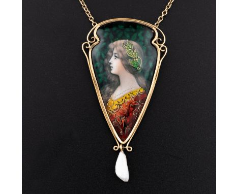 A late 19thC gold and enamel pendant by Jules Sarlandie (1874-1936), with 18ct gold frame and together with 9ct gold chain, e