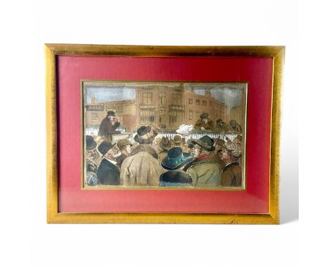 An unusual and appealing early 20thC gouache study, sketch or unfinished painting of an auctioneer conducting an auction outd
