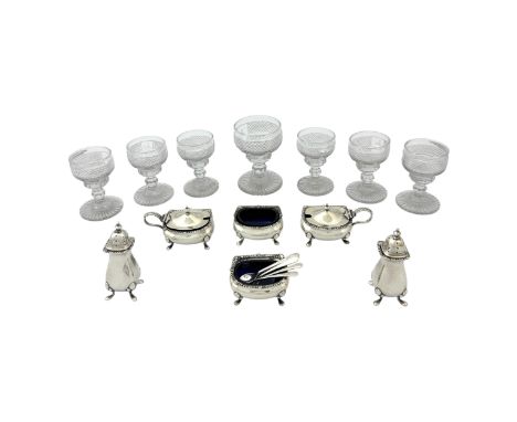 A set of six unusual early-mid 19thC English cut glass liqueur glasses, hobnail and facet cut with a panel engraved with a he