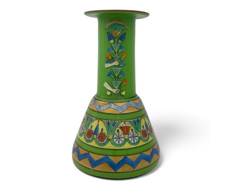 A scarce 1920s-30s Czechoslovaskian Moser 'Egyptian' glass vase, the angular light green body with columnar neck and flared r