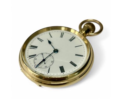 A 14ct gold plated gentleman's pocket watch, the unmarked white enamel dial with Roman numerals and subsidiary seconds dial, 