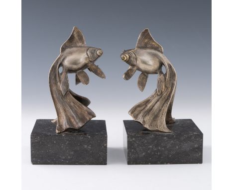 A pair of 1920s Art Deco bronze bookends by Georges-Raoul Garreau, the bronze long-tailed Oriental fish on a marble base, bot