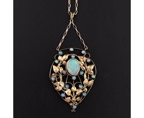 An Arts and Crafts yellow metal (tests as 15ct gold) and opal pendant necklace, c.1900-1910, with a wirework frame in yellow 