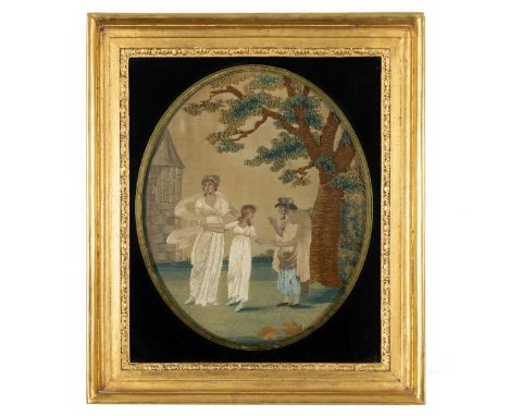 An early 19thC embroidered silkwork picture of the three ages of woman, depicting a young girl, a middle-aged woman, and an o