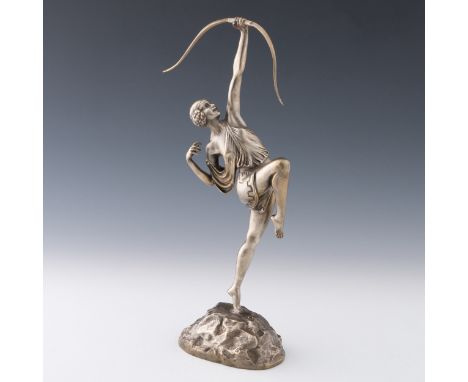 An Art Deco silvered bronze sculpture of Diana the huntress by Pierre Le Faguays (1892-1962) c.1925, incised 'LE FAGUAYS' at 
