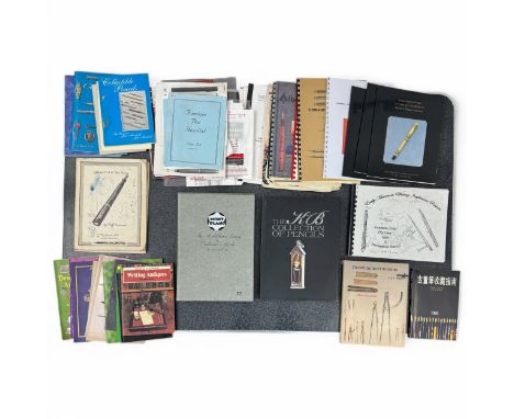 A large collection of fountain pen, pencil and writing equipment and reference books, including 'The Montblanc Diary & Collec