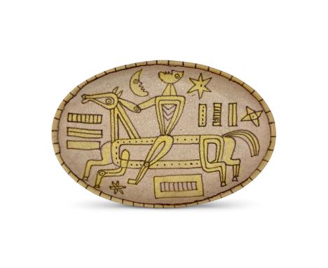 Guido Gambone (Italian, 1909-69), a rare early-mid 1950s oval studio pottery dish hand-decorated in yellow, brown and mottled