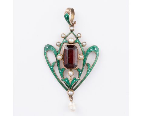 A yellow metal (tests as 9ct gold) enamel and pearl pendant c.1910, the openwork frame is enamelled in iridescent green with 