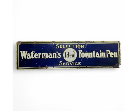 A scarce 1920s Waterman's enamelled metal sign, finished in blue, yellow and white, with 'Waterman's Ideal Fountain Pen SELEC