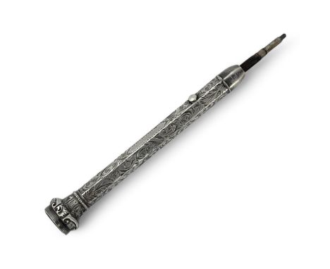 A scarce silver William Vale & Sons 'Vale's Patent' drop action propelling pencil, the hexagonal body hand engraved with a sc