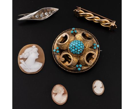A group of Victorian and later jewellery, comprising a yellow metal ropework bar brooch stamped with registered design number