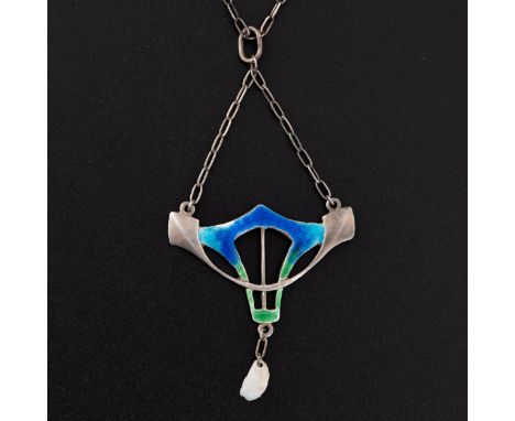 An Art Nouveau white metal and enamel pendant necklace pendant, probably American, with an open work frame and dark blue turq