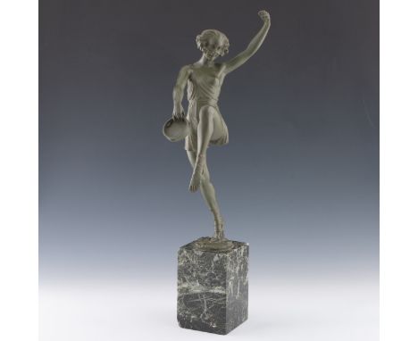 A French Art Deco patinated bronze sculpture of a tambourine dancer, designed by Pierre Le Faguays c.1930, sculpture with gre
