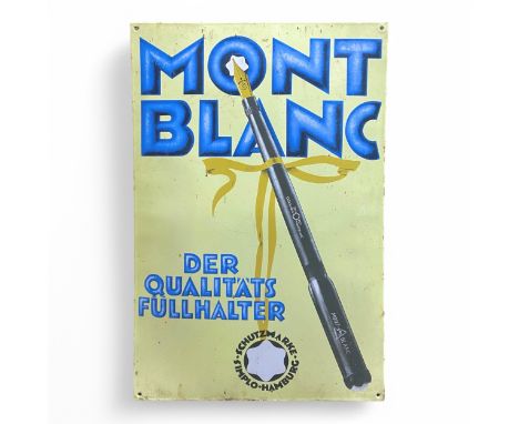 A 1950s Montblanc enamelled metal sign, showing a 1920s  Montblanc Simplo black safety pen, with No.4 Montblanc nib, ribbon a