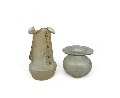 Two early 20thC Bohemian Art Nouveau Kralik iridescent 'Martelé' vases, the first with a tapered body and three applied swirl