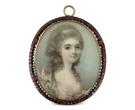 Horace Hone (British, 1754-1825) a late 18thC oval portrait miniature of a lady, her curled hair down, wearing a turquoise sc