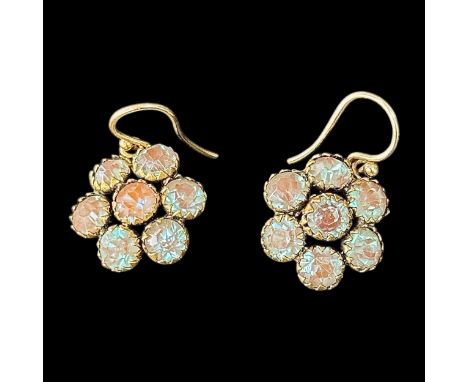 A pair of Czech Saphiret and gilt metal earrings, c1900-1910, each claw set with seven spherical faceted Saphirets, presentin