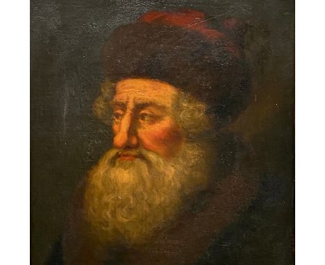 An 18thC or earlier portrait of an bearded old man, possibly Russian, wearing robes with a fur collar and a fur hat, in the m