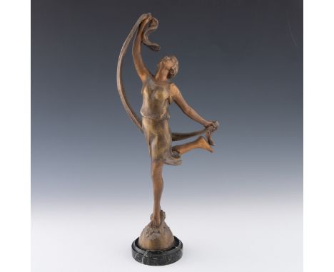 A French Art Deco Peter Sega 'Scarf Dancer' spelter sculpture raised on a marble disk base, c1925, with impressed signature t