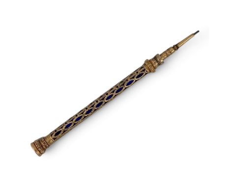 A Victorian gold plated and enamelled cloisonné propelling pencil, the filigree body hand engraved with flowers and leaves ar
