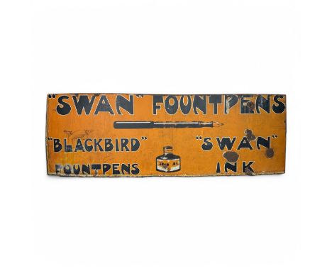 A rare early 1920s 'SWAN FOUNTPENS' enamelled metal sign, with '"BLACKBIRD" FOUNTPENS' and '"SWAN INK" wording, finished in o