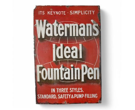 A 1920s Waterman's 'ITS KEYNOTE SIMPLICITY WATERMAN'S IDEAL FOUNTAIN PEN' enamelled metal sign, finished in red and white, wi