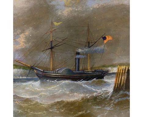 A curious mid-19thC Folk Art or naive art painting of a paddle steamer, probably painted and/or varnished over a mid-late 19t