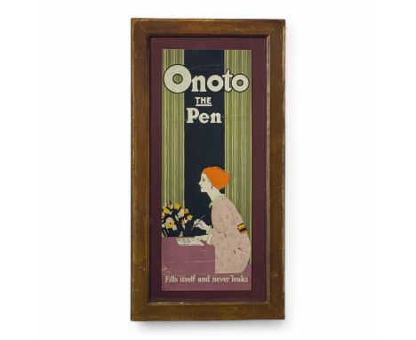 Two early 20thC De La Rue 'Onoto' fountain pen advertising posters, comprising a poster in yellow white, brown tones and blac