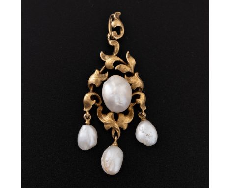 An Arts and Crafts 14K yellow metal pendant with pearls, probably American, ovoid in outline with chased foliate detail decor