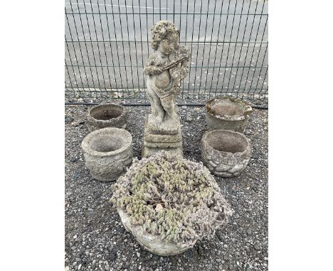 Cast stone garden statue, Yorkshire rose planter, and set of four small planters - THIS LOT IS TO BE COLLECTED BY APPOINTMENT