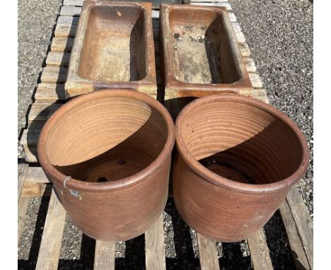 Two glazed stone sinks, and two large terracotta planter pots - THIS LOT IS TO BE COLLECTED BY APPOINTMENT FROM DUGGLEBY STOR