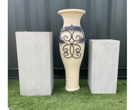 Graduating pair concrete effect square planters (largest - 34cm x 34cm, H71cm), and a tall garden urn planter with scrolled m