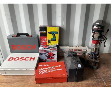 Various tools including pillar drill, tile cutter, electric sander, Bosch drill and bits, cordless drill, electric polisher, 