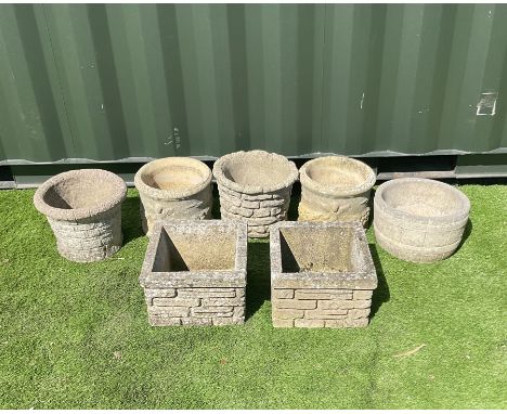 Set of five, round, cast stone planter pots and two square planters - THIS LOT IS TO BE COLLECTED BY APPOINTMENT FROM DUGGLEB