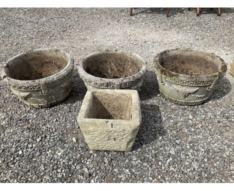 Set of three cast stone circular garden planters, and square cast stone planter - THIS LOT IS TO BE COLLECTED BY APPOINTMENT 