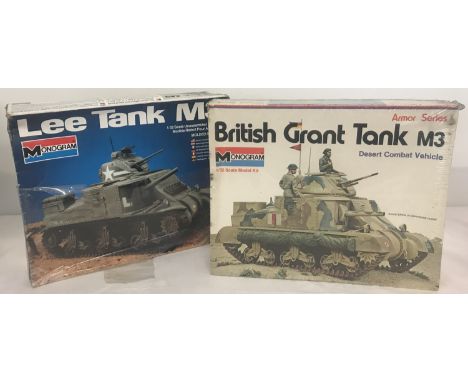 2 vintage Monogram 1:32 scale, unassembled plastic model kits. A British Grant Tank M3 together with a Lee Tank M3. 