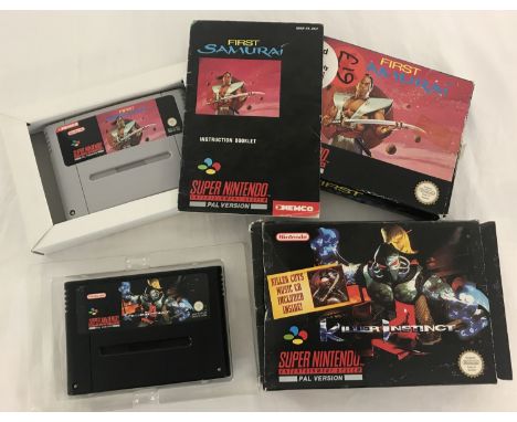 2 boxed Super Nintendo SNES games; Killer Instinct and First Samurai. Both PAL versions, complete with interior packaging and