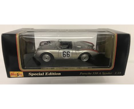 A boxed 1:18 scale, Special Edition Porsche 550 A Spyder, by Maisto.  From a private colletion.